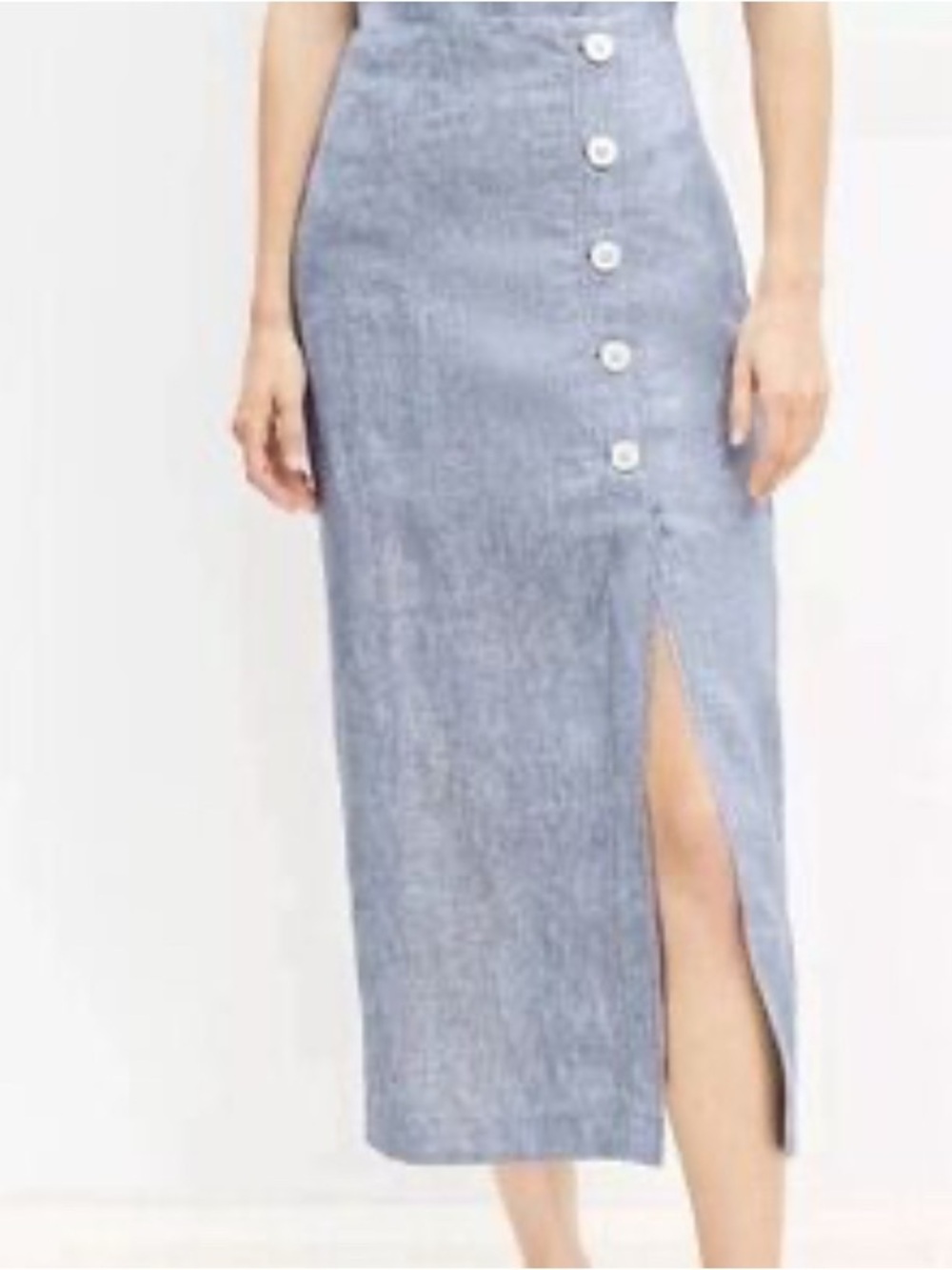 Loft Linen Chambray Blue Long Side Slit Pearl Buttons Skirt Women’s Size 10